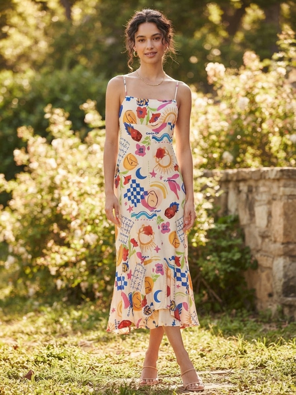 Sleeveless Cream Floral & Graphic Mazi Dress. Summer boho sexy Dress